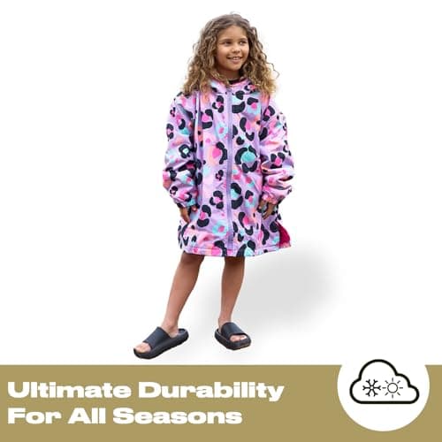 OHS Drying Robe for Kids, Lightweight Leopard Print Waterproof Jacket for Girls Breathable Packable Wind Resistant Rain Jacket for Outdoor Activities, Lilac Leopard Print — view 5