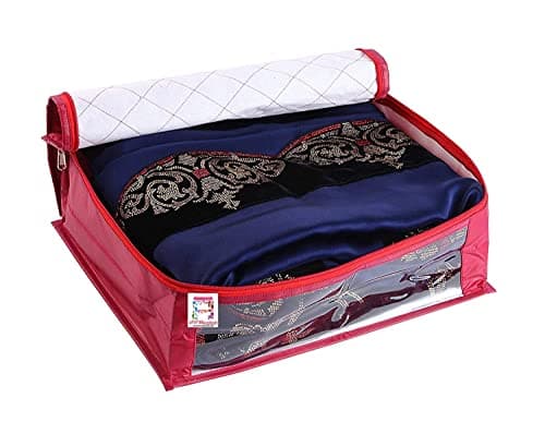 atorakushon Fabric Foldable Saree Covers Garments Clothes Storage Bag Wardrobe Organizers With Double Zip Lock For Lehenga Suit Dress Accessories 4 Pieces Maroon — view 5