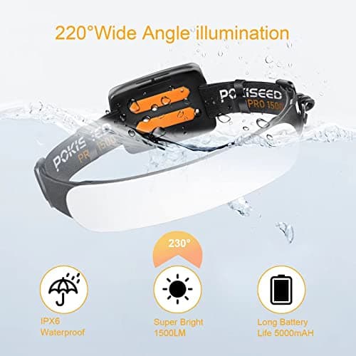 POKISEED 1500 Lumens Rechargeable Head Torch with 230° Wide Beam, 3 Brightness Modes, IPX6 Waterproof LED Headlamp for Running, Camping, Fishing, Hard Hat Work — view 4