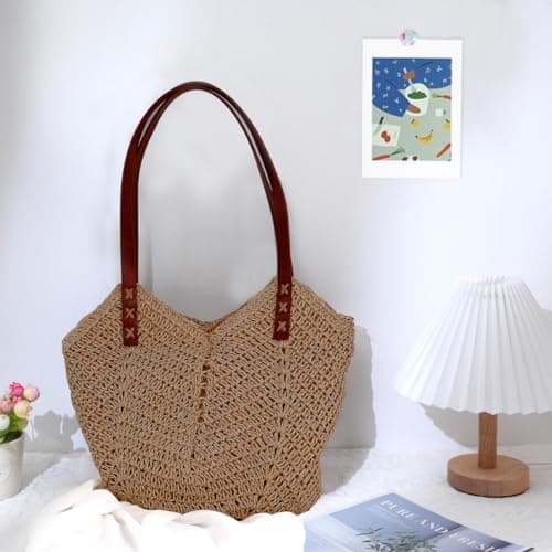 Straw Beach Bag for Women, Summer Straw Tote Bag Handbag with Zip Leather Handles, Retro Handmade Boho Casual Woven Travel Holiday Shoulder Bags for Beach Vacation Outdoor Shopping Daily Use (Coffee) — view 3