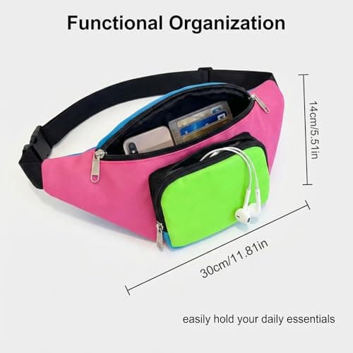 80s Retro Neon Bum Bag Fanny Pack for Women Men, 2 Zipped Pockets Adjustable Waist Bag, Lightweight Waterproof Bumbags for Ladies, Festival Rave Travel 80s Accessories for Women — view 2