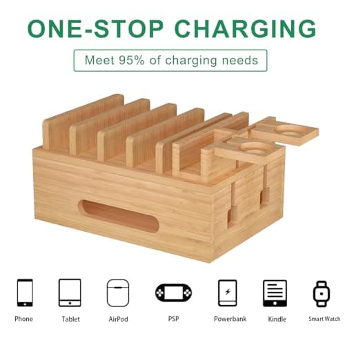 Deefielly Bamboo Charging Stations for Multi Devices with 5 Port USB Charger, 6 Cables, Desktop Wood Docking Station Charger Organizer for Cell Phones, Tablets,Earphone, Watches — view 3