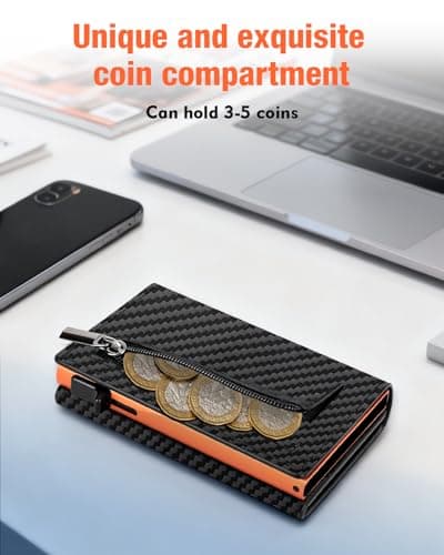 Mens Wallets Credit Card Holder | Wallets for Men with Magnetic Closure & Coin Pocket & ID Window | Minimalist Smart Pop Up Leather Wallet | RFID Card Cases for 12 Cards | Cash Slot | Black & Orange — view 5