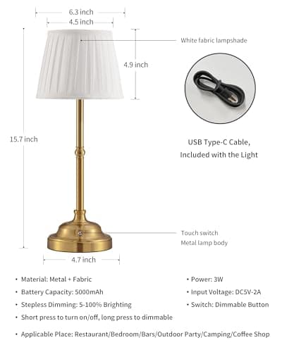 NEWSEE Rechargeable Cordless Table Lamp, Portable Dimmable LED Retro Bedside Light, 4000mAh Battery Powered Lamp, Suitable for Indoor, Outdoor, bar,Camping (Bronze + Beige Lampshde) — view 5