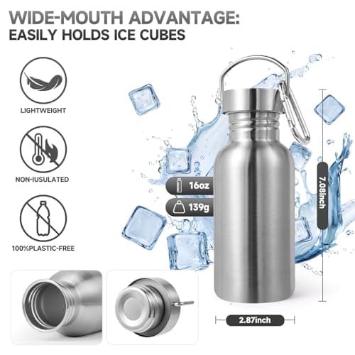 Volhoply 500ml Uninsulated Single Walled Water Bottles 2 Pack, Stainless Steel Sports Water Bottle with Handle & Carabiner, BPA Free Reusable Water Flask for Camping Hiking Biking (Silver,2) — view 2