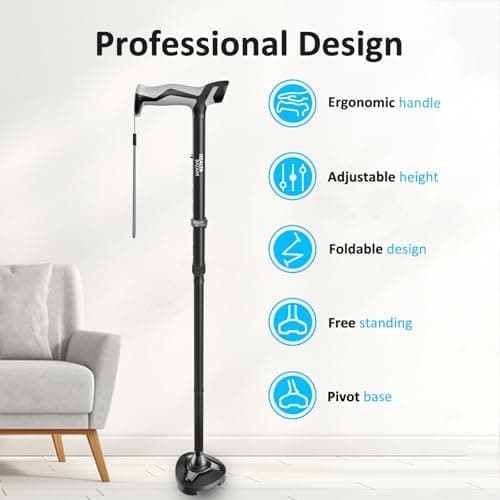 HEALTHBAZAAR Walking Stick for Men & Women - Self Standing Pivot Stick, Adjustable, Foldable Walking Sticks for Seniors & Adults with Wrist Strap, Travel Bag | TRIGRIP — view 2