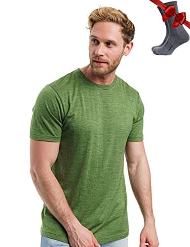 100% Merino Wool T Shirt Mens - Merino Wool Base Layer Men + Hiking Socks (Olive Grove, Medium)