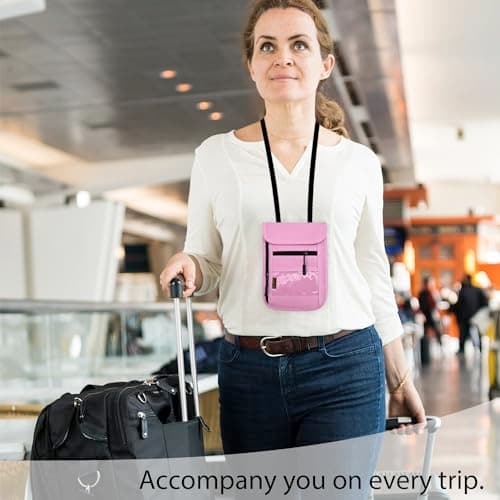 RFID Blocking Travel Neck Wallet Pouch and Passport Holder，Travel Neck Pouch Passport Holder for Women & Men, Pink, Minimalist — view 6