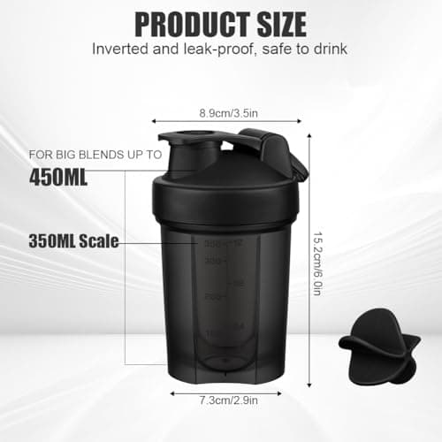 AOOWU Protein Shaker Bottle 450ml with Mixball, 2 Pack Leak Proof Shaker for Protein Shakes, Protein & Supplement Shaker Bottle, Flip Flop Lid Shake Bottle Mixer, BPA Free Protein Shake Bottle for Gym — view 2