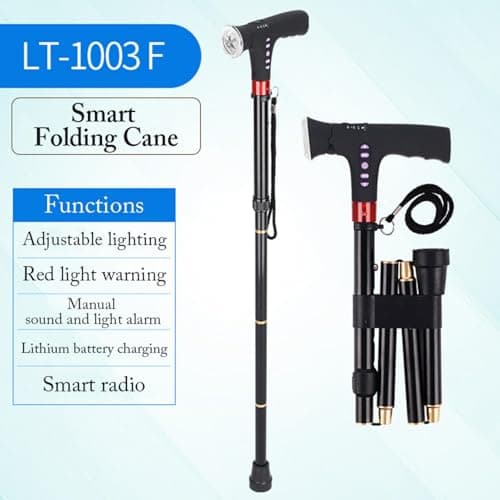 Seniors Walking Stick - Adjustable Folding Cane | Travel Folding Cane with LED Light, Alarm, Radio, and Cushioned Handle, Portable Walking Stick Perfect for Elderly and Disabled Men and Women — view 3