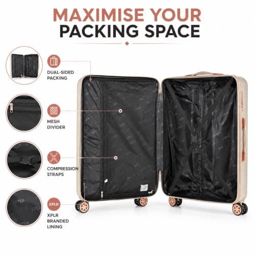XPLR 4 Piece Hard Shell Luggage Set - Durable ABS Lightweight Suitcase - 14" 20" 24" 28" Cabin Carry On - TSA Lock - 360° Spinner Wheels - Rose Gold Trim & Vanity Case (Champagne Pearl) — view 5