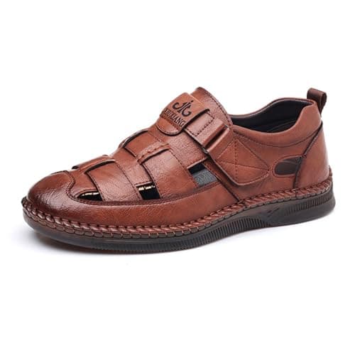 Hixingo Men's Sandals Closed Toe Wide Fit Size 7-12 Leather Sandals for Men Summer Beach Slippers Lightweight Adjustable Strap Non-Slip Sole for Walking Holiday Pool (Brown,10.5)