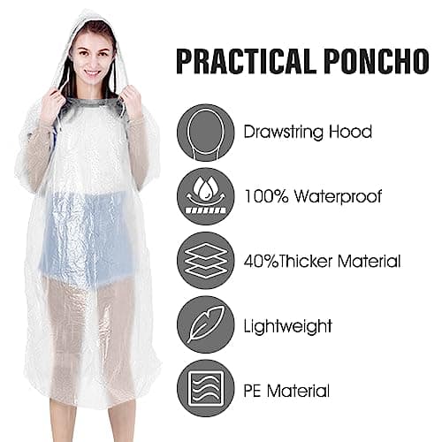 4 Pack Ponchos Waterproof with Sleeves and Drawstring Hood, Thickened Portable Adult Disposable Waterproof Poncho, Clear Raincoat Ideal for Festival Waterproofing, Theme Parks, Emergency, Camping — view 5