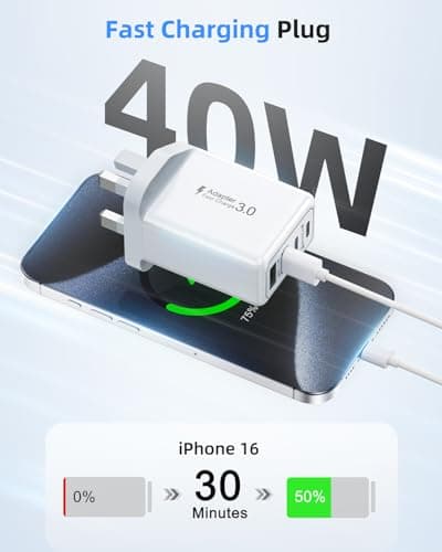 USB C Plug, 40W 4-Port Fast Charger Plug UK Dual Port PD Power Adapter +QC Multi Mains Wall Charger Type C Charging Plug for iPhone 17 16 15 14 13 12 11 Pro Max Plus XS XR SE,Samsung, iPad, AirPods — view 2