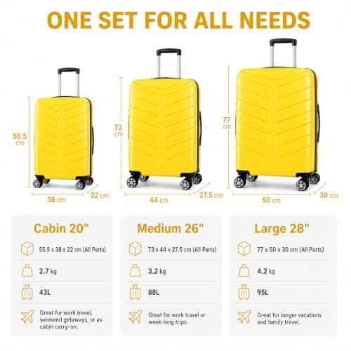Set of 3 Pcs Luggage Hardshell Suitcase Light Weight, Yellow — view 2