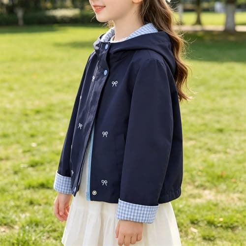 Waterproof Jacket Girls Bow Print Lightweight Jackets with Hood 2026 Windbreaker Rain Coat with Pockets Casual Long Sleeve Full Zip Raincoat Breathable Hiking Walking Coat (Navy, 4-5 Years) — view 3