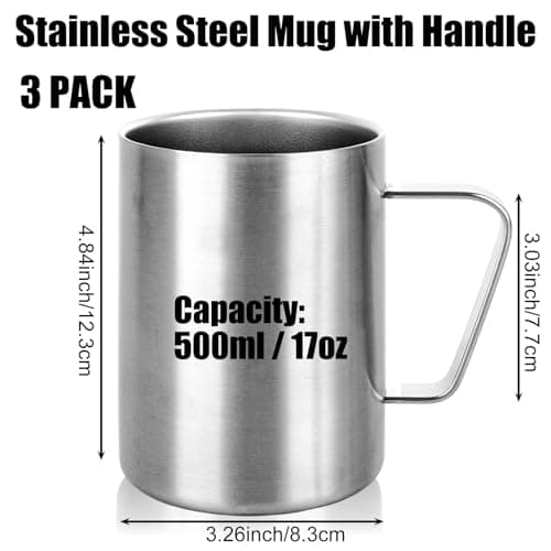LDXDRU 3 Pack 500ml / 17oz Camping Mugs, Stainless Steel Mugs with Handle, Double Wall Insulated Mugs Coffee Cup Travel Mugs Drinking Mugs for Cold or Hot Drinks Beverages Milk Juice Tea — view 2