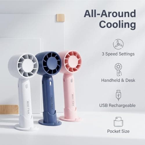 dididudi 3 Pack Mini Handheld Fan, USB Rechargeable Personal Portable Fan with Detachable Base, 3 Wind Speed Small Cooling Fan for Travel, Office, Makeup, Outdoor Camping — view 5