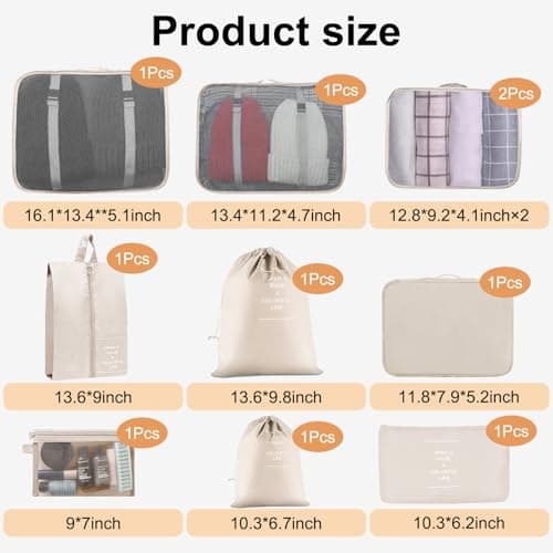 Packing Cubes for Suitcases, 10 pcs Travel Organiser Packing Bags for Clothes Shoes Toiletries Travel Luggage Organizers Storage Bags-Beige — view 2