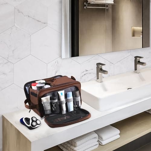 Large Toiletry Bag for Men, PU Leather Travel Toiletry Organizer, Dopp Kit Water-resistant Shaving Bag for Toiletries Accessories Toiletries Organizer Cosmetic Bags, Brown, XL, Toiletry Bag — view 6