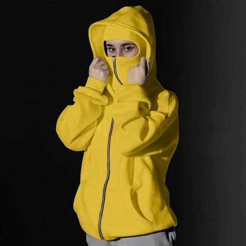 Balaclava Hoodie with Mask Built In Balaclava Full Zipper Double Hooded Coat Oversized Wind Resistant Warm Travel Hoodie with Face Mask Built In Winter Windproof Streetwear Workout Sweatshirt Yellow — view 3