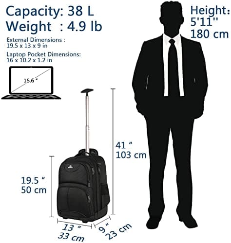 MATEIN Travel Backpack with Wheels, 17inch Rucksack with Wheels, Black — view 6