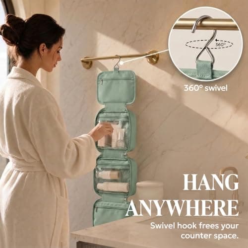 LUGG Travel Toiletry Bag - Toiletry Bags for Women with Hanging Hook, Spacious Waterproof Makeup Bag, Multiple Compartments, Multipurpose Travel & Holiday Essentials, 19 x 8 x 25 cm - Sage Green — view 4