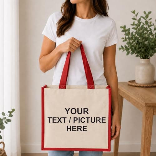 Printshirts Personalised Canvas Tote Bag – Custom Shopping Bag with Image, Logo or Text, Large Reusable Shoulder Bag, Natural Contrast Colour Handles, Personalised Gift Bag Red — view 2