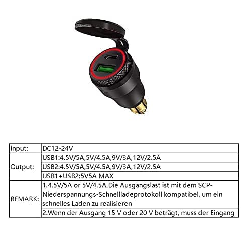 USB Dual Port Charger for BMW Motorcycle DIN/Hella - Cigarette Lighter Adapter Socket USB C PD 3.0 & QC 3.0 Quick Charge for DIN Motorcycle, Red — view 6