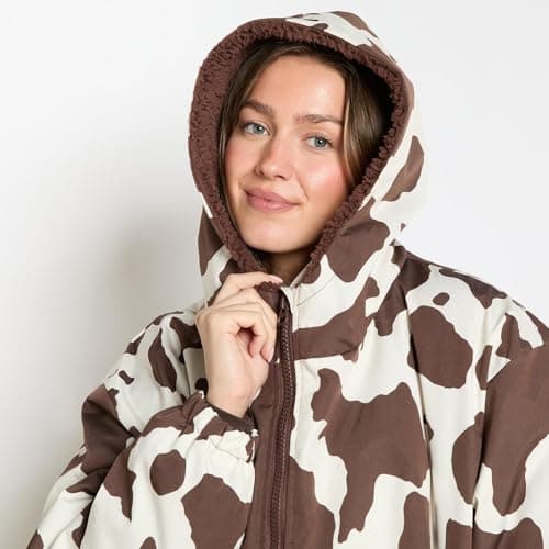 OHS Women's Jackets Changing Robe, Cow Print Oversized Waterproof Jacket Fleece Lining Rain Coats for Women with Hood & Pockets Drying Robe Ladies Jackets for Outdoor Travel, Brown/Cream - S/M — view 5