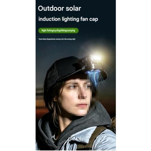 Hoppipola Solar Powered USB Rechargeable LED Headlamp Hat with Fan, 6 Light Modes, 3 Speeds, Gesture Control, Lightweight for Camping, Hiking, Fishing, Black