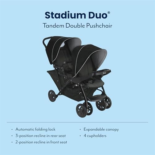 Graco Stadium Duo Tandem Double Pushchair - Suitable from birth to approx. 3 years (15kgs). Car Seat Compatible with SnugEssentials iSize infant car seat, Black/Grey fashion — view 2