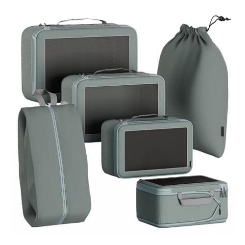 Serentify Extra Deep Compression Packing Cubes for Suitcases - 6PCS Suitcase Organiser Bags Set (XL, L, M, S, Shoe Bag, Laundry Bag) - Durable Nylon Ripstop Fabric (Grey)