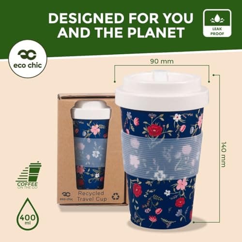 ECO CHIC Recycled Travel Coffee Cup 400ml Microwave Dishwasher Safe Plastic Travel Mug (Floral Navy) — view 3