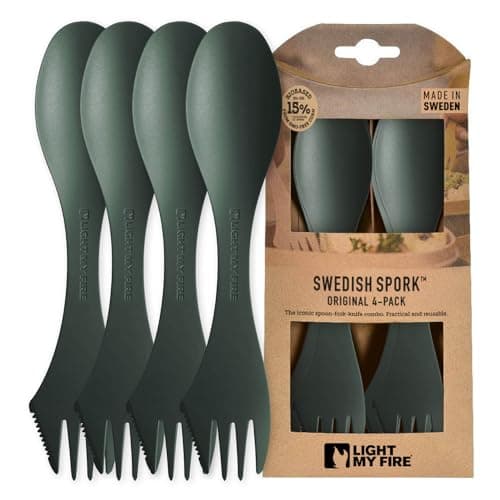 Light my Fire Spork Original 3-in-1 Camping Cutlery Knife Fork Spoon Set Survival Gifts for Scouts Camping Accessories Sporks Reusable Travel Cutlery Set 4-Pack SageGreen