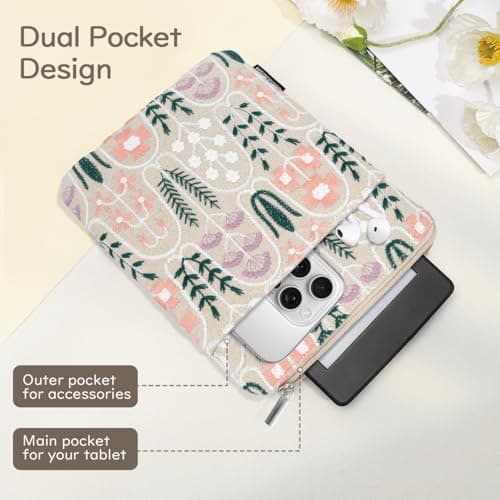Dadanism 6-7 Inch Embroidered Flower Padded Sleeve for eReader,Beige Plants — view 4