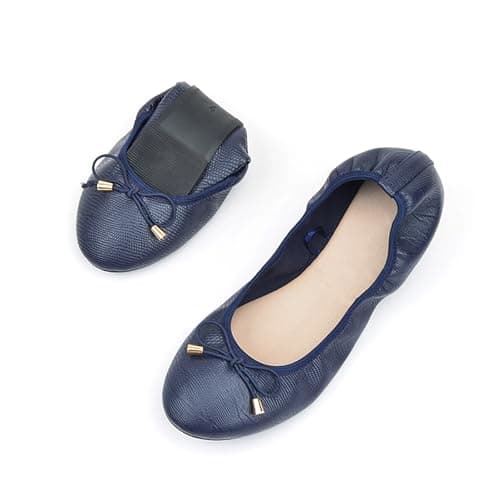 Ladies' Foldable Ballet Flats Portable Roll-Up Flat Shoes with Bowknot Leather Lightweight Slip-On Wedding & Party Dance Shoes Comfortable Round Toe Design Compact Travel Footwear Navy