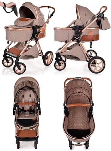 Baby Pram Pushchair Buggy with Car Seat Lightweight Stroller Folding Strollers 3 in1 Travel System Baby Trolley Pram for Newborns Toddlers from Birth (Beige - Rose Gold Frame) — view 4