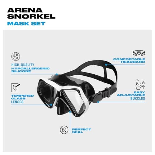 arena Mask and Snorkel Set Adults, Unisex Snorkel Mask, Sea Mask, Snorkel with Anti-Leakage Technology, Adults Set with Flexible Tube with Purge Valve, Hypoallergenic Silicone — view 2