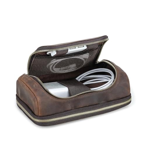CONTACT'S FAMILY Leather Accessories Organizer Bag, Durable Storage Case for iPhone, AirPods, Charger, Cables, Portable Travel & Daily Use Compartment Bag (Coffee)