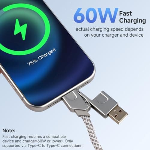 AHRLIC 4-in-1 USB Charging Cable Keychain – Zinc Alloy, Multi-Adapter Charger Cord for USB, Type-C, Micro USB, iOS Port Devices – 60W Fast Charging, Magnetic Stretchable Travel Cable (Light Gray) — view 6