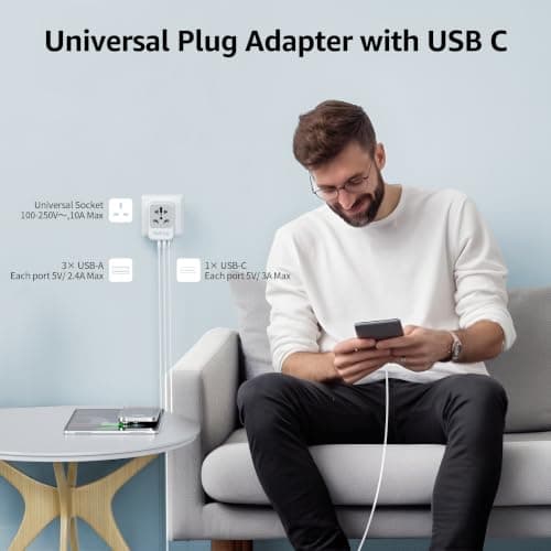 Universal Travel Adapter with USB C, Travel Plug Adapter Worldwide with 1 USB C and 3 USB A, International Travel Adapter Dual 10A Fuses All in One Universal Plug Adaptor for US EU AU UK — view 3