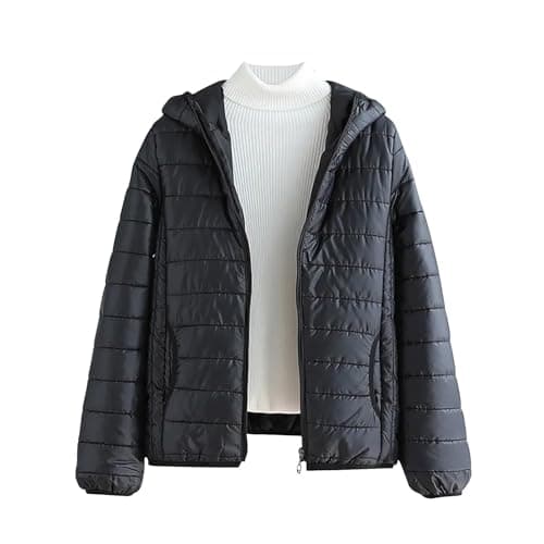 Mrat Women's Lightweight Puffer Jacket, Warm Packable Quilted Down Coat with Hood, Transitional Padded Winter Jacket for Ladies, Pockets, Windproof Outdoor Zip Up Jackets,Solid Ski Hiking Travel M-3XL