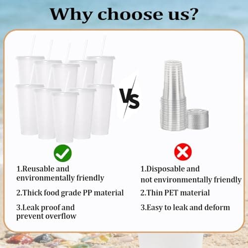 Punklong 10 Pack Clear Plastic Cups with Lids and Straws,24 oz Reusable Clear Plastic Tumblers,Party Tumbler Cup Iced Coffee Cup Travel Mugs for Adult Kid Women Party and Beach — view 5