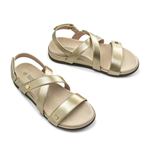Rihero Women's Comfortable Orthopedic Arch Support Sandals Summer Casual Open Toe Walking Flat Sandals with Adjustable Strap, Gold, 6 UK — view 6