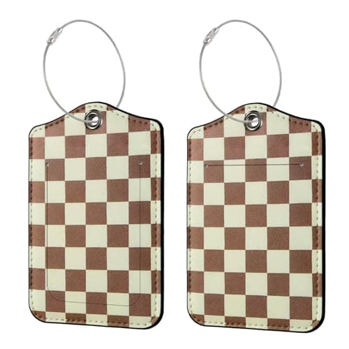 Ksriylm 2 Pack PU Leather Luggage Tags for Suitcases,Secure Travel Suitcase Tags with Privacy Flap and Metal Lanyard,Noticeable Waterproof Luggage Labels for Cruise Baggage Handbag,Brown Checked