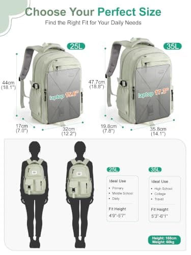 FIORETTO Lightweight School Backpack Womens, Cute School Bag for Teenager Girls, 15.6 Laptop Rucksack Backpack for School Casual Daypacks Travel Backpack for College Work Green 25L — view 6