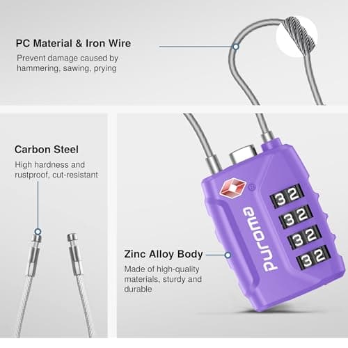 Puroma TSA Approved Luggage Lock, 4 Digit Combination Travel Locks Resettable Code Lock with Zinc Alloy Body for Suitcase, Toolbox, Backpack, Bag, Gym Locker, Basic Purple, Classic — view 5
