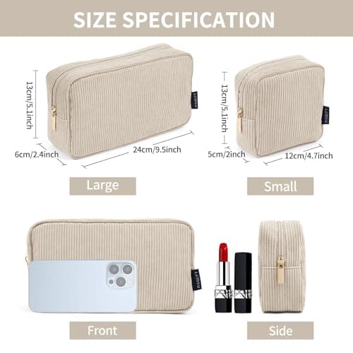 Makeup Bag, MAGEFY 2 Pcs Small Makeup Bag for Handbag Corduroy Pouch with Compartments Travel Makeup Cosmetic Bag for Women (Beige) — view 5
