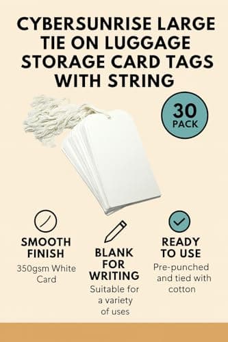 CyberSunrise Large White Tie-On Tags with String | Heavy Duty 350gsm Blank Write-On Card Luggage Labels | Pre-Strung for Gifts, Storage, Luggage, Inventory & Moving Boxes - 120mm x 60mm, Pack of 30 — view 3